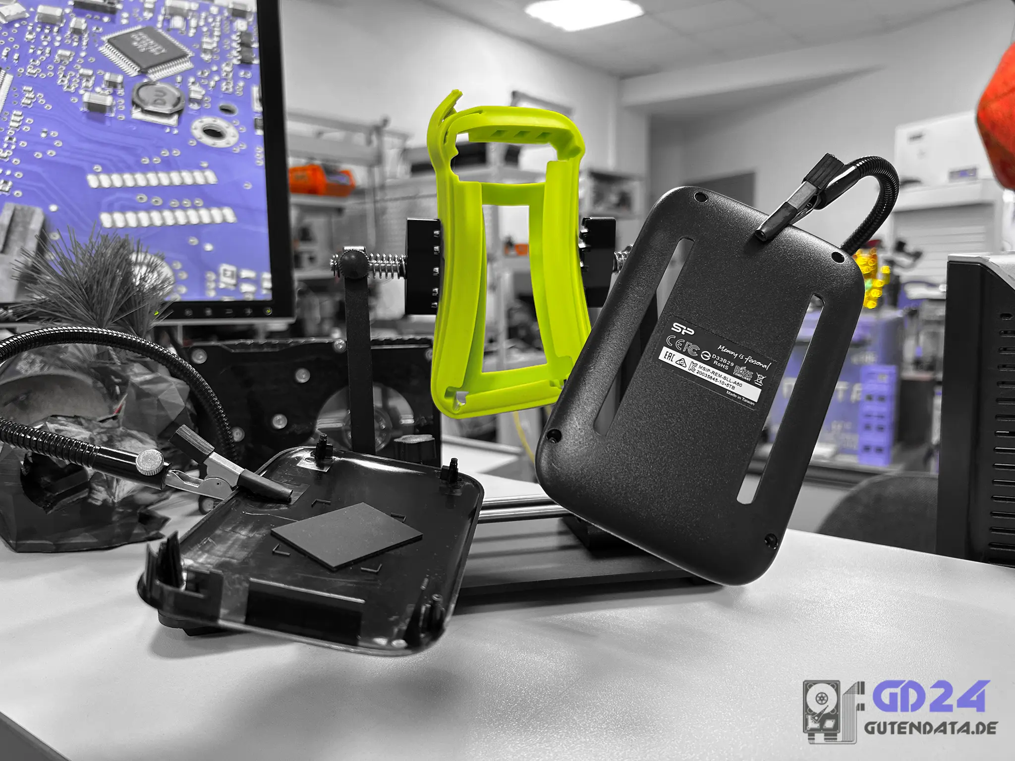 Disassembled Silicon Power Armor A60 external hard drive enclosure
